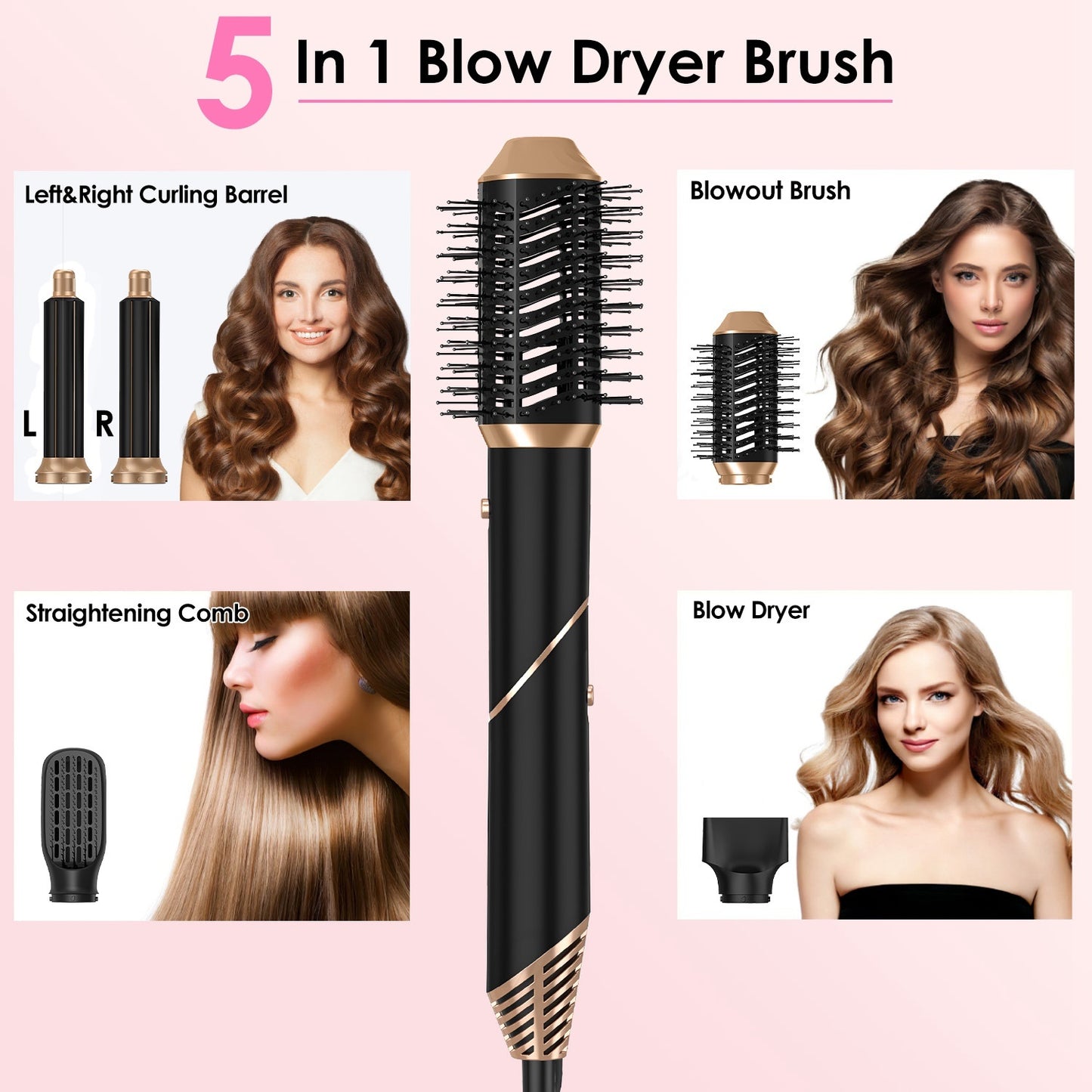 1Pc 5-en-1 Hot Air Styler – Brosse Séchante, Lissante et Bouclante pour Cheveux