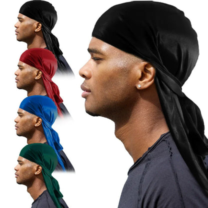 3PCS/LOT Men Silky Durag Long Tail Pirate Hat Headband Turban Dome Wave Cap Unisex Wig Cap Elastic Band Satin Bonnet