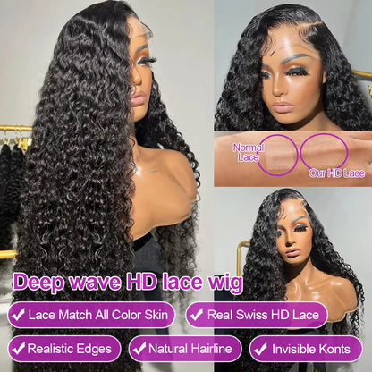 Deep Wave Lace Frontal Wig Brazilian 36 Inch 13x4 360 Water Curly Lace Front Human Hair Wigs For Women